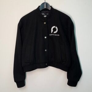 Zara Varsity Jacket Women's Medium Embroidered Logo Bomber Black‎ Coat